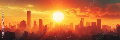 A captivating sunset cityscape, where tall buildings stand silhouetted against a blazing sky, symbolizing urban life, progress, ambition, and the beauty of nature. The glowing sun represents hope, opp photo