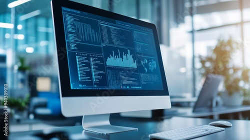 A close-up image of a computer screen displaying data and graphs, representing a modern technology audit. This image symbolizes cybersecurity, data analysis, risk management, compliance, and digital t photo