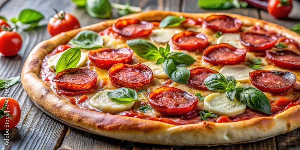 Close-up of a delicious Italian pizza topped with mozzarella cheese, tomatoes, herbs, pepperoni, and salami, Italian Close-up of a delicious Italian pizza topped with mozzarella cheese, tomatoes, herbs, pepperoni, and salami, Italian