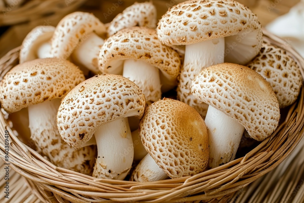 A close-up image showcasing a basket brimming with fresh Matsutake mushrooms, renowned for their earthy aroma and delicate flavor. These rare and prized mushrooms symbolize luxury, nature, culinary ex A close-up image showcasing a basket brimming with fresh Matsutake mushrooms, renowned for their earthy aroma and delicate flavor. These rare and prized mushrooms symbolize luxury, nature, culinary ex
