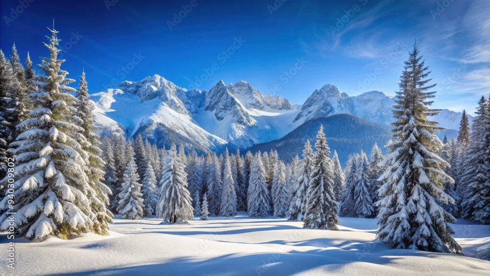 Snowy mountain landscape with pine trees and a clear blue sky, snow, mountain, landscape, winter, cold, scenery, nature Snowy mountain landscape with pine trees and a clear blue sky, snow, mountain, landscape, winter, cold, scenery, nature