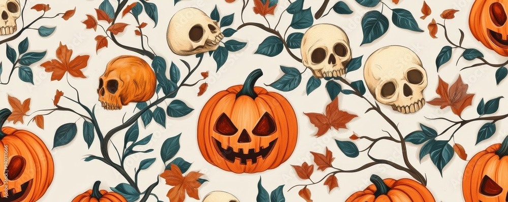 Halloween Pumpkin and Skull Branch Pattern, pumpkin , skull , halloween , spooky Halloween Pumpkin and Skull Branch Pattern, pumpkin , skull , halloween , spooky