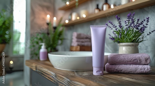 Mock up of toothpaste in a plain tube on a bathroom shelf, minimalist bathroom background  photo