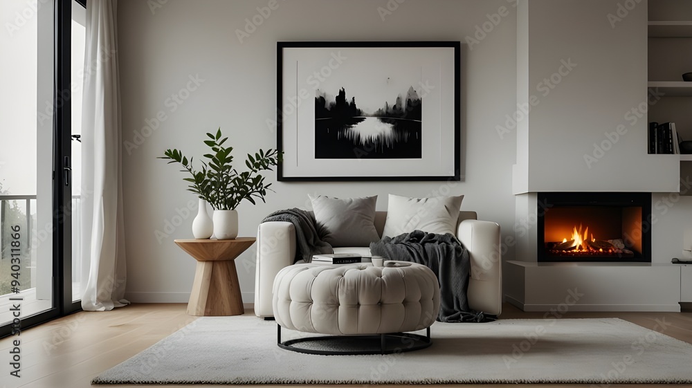 Pouf and side table near white sofa against fireplace and white wall with poster frame. Minimalist interior design of modern living room, home. Pouf and side table near white sofa against fireplace and white wall with poster frame. Minimalist interior design of modern living room, home.