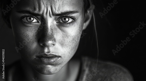 A close-up portrait of a young woman with a worried expression. Her furrowed brow, tight lips, and intense gaze convey a sense of anxiety and uncertainty. The black and white photography adds to the s photo