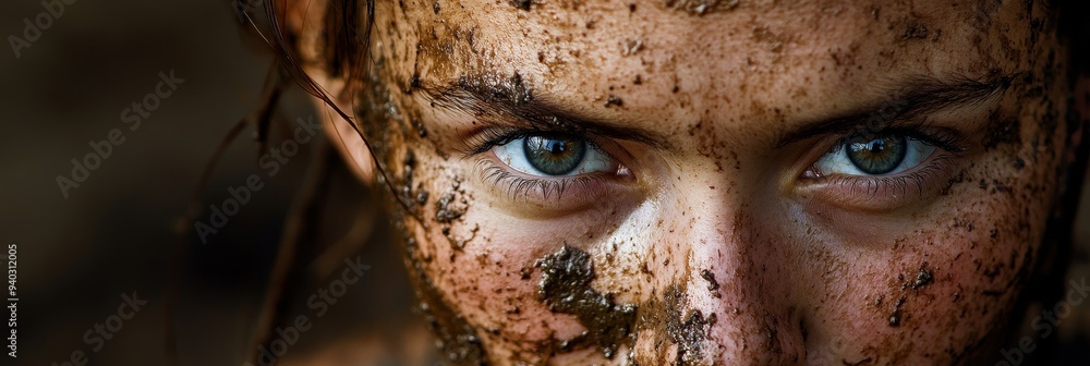 A close-up portrait of a young woman with mud on her face. Her eyes are determined and focused, conveying a sense of resilience and strength. The mud symbolizes overcoming obstacles, perseverance, and A close-up portrait of a young woman with mud on her face. Her eyes are determined and focused, conveying a sense of resilience and strength. The mud symbolizes overcoming obstacles, perseverance, and
