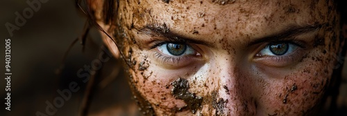 A close-up portrait of a young woman with mud on her face. Her eyes are determined and focused, conveying a sense of resilience and strength. The mud symbolizes overcoming obstacles, perseverance, and