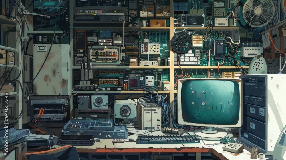 Fototapeta premium Close-up view of computer repair shop workbench featuring circuit boards and computer parts spread out for troubleshooting and maintenance, ideal for technology and it repair visuals
