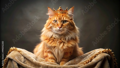 Majestic ginger cat with golden crown on throne of blankets, royal, feline, majestic, ginger, cat, crown, throne, blankets, luxurious photo