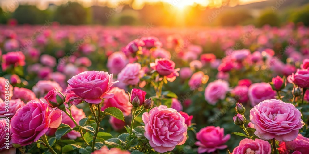 Obraz premium Field of vibrant pink roses in bloom during golden hour, roses, pink, vibrant, greenhouse, cultivation, flowers
