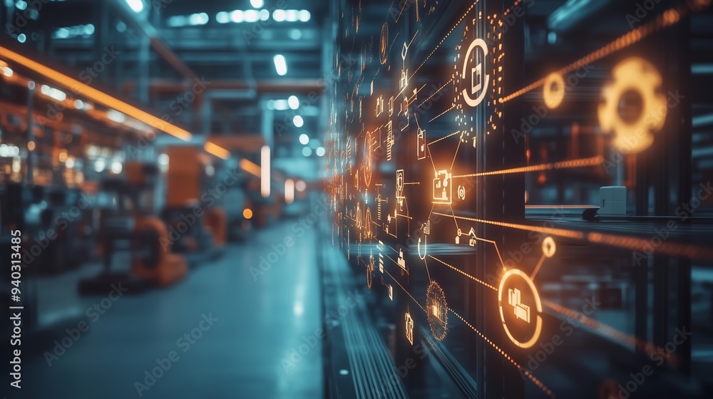 Fototapeta premium Futuristic industrial environment with digital interfaces and data streams representing the integration of technology in modern manufacturing and production processes