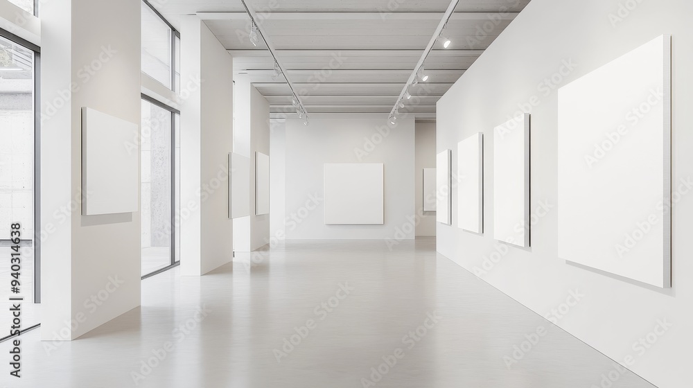 Obraz premium A contemporary art gallery with pristine white walls and a sleek, minimalist design featuring blank canvases, perfect for showcasing artwork or branding. The space is filled with natural light, creati