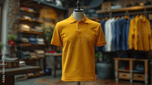 Mock up of polo shirt in shop, displayed on mannequin, shop background with clothes rack