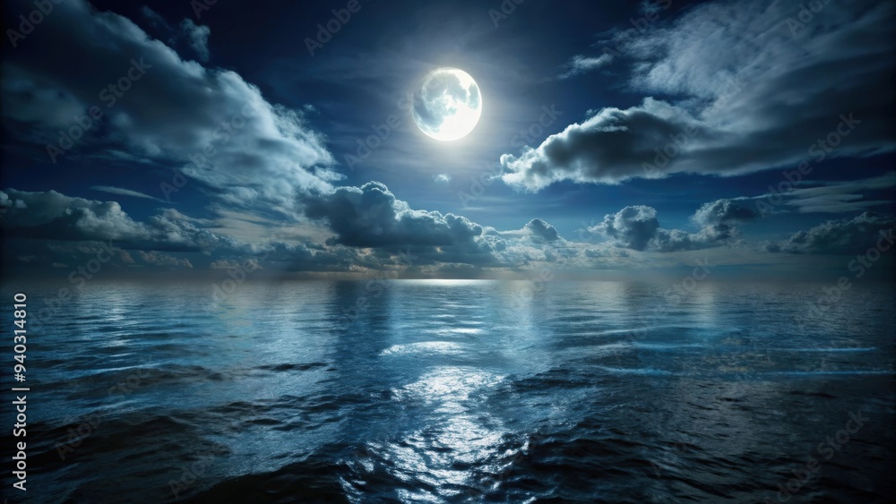 Dark and mysterious sea at night with moonlight shining on the water , moonlight, reflection, ocean, nighttime, waves, tranquil