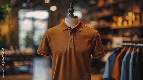 Mock up of polo shirt in shop, displayed on mannequin, shop background with clothes rack