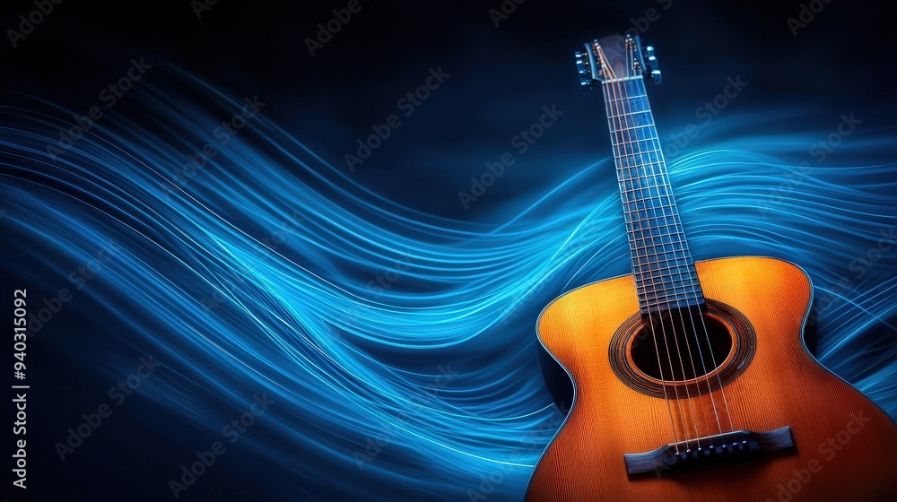 Naklejka premium Close up of a guitar with sound waves visualized around it