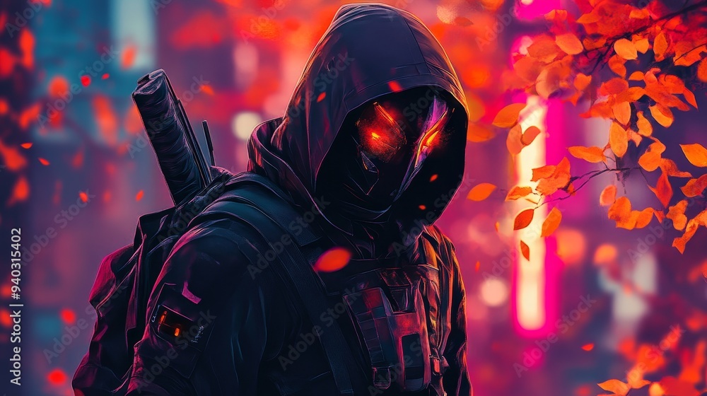 The Shadowed Figure, Digital Art, Cyberpunk, Glowing Eyes, Autumn, Mystery The Shadowed Figure, Digital Art, Cyberpunk, Glowing Eyes, Autumn, Mystery