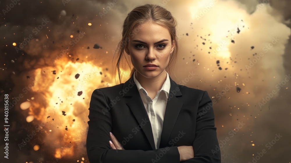 A determined young woman in a black blazer and white shirt stands confidently against a backdrop of a dramatic explosion, symbolizing resilience, strength, overcoming obstacles, leadership, and ambiti A determined young woman in a black blazer and white shirt stands confidently against a backdrop of a dramatic explosion, symbolizing resilience, strength, overcoming obstacles, leadership, and ambiti