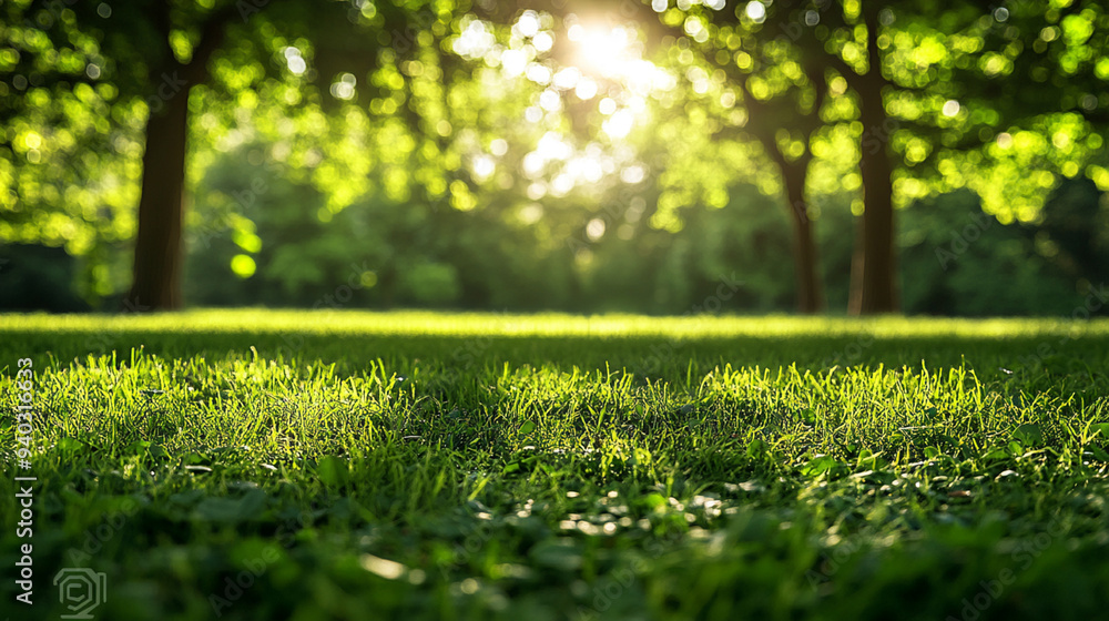 Naklejka premium Green lawn and trees background with copyspace. Nature background concept. Generative AI