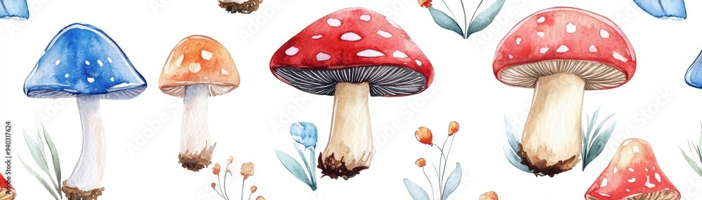 Watercolor Seamless Pattern of Red and Blue Mushrooms with White Background, Watercolor , Seamless Pattern , Mushroom , Illustration , Botanical Watercolor Seamless Pattern of Red and Blue Mushrooms with White Background, Watercolor , Seamless Pattern , Mushroom , Illustration , Botanical
