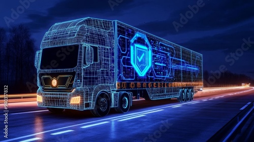 A futuristic semi-truck is depicted as a digital wireframe, driving on a highway at night, with a prominent cyber security shield symbol on the side, symbolizing secure transportation, data protection photo