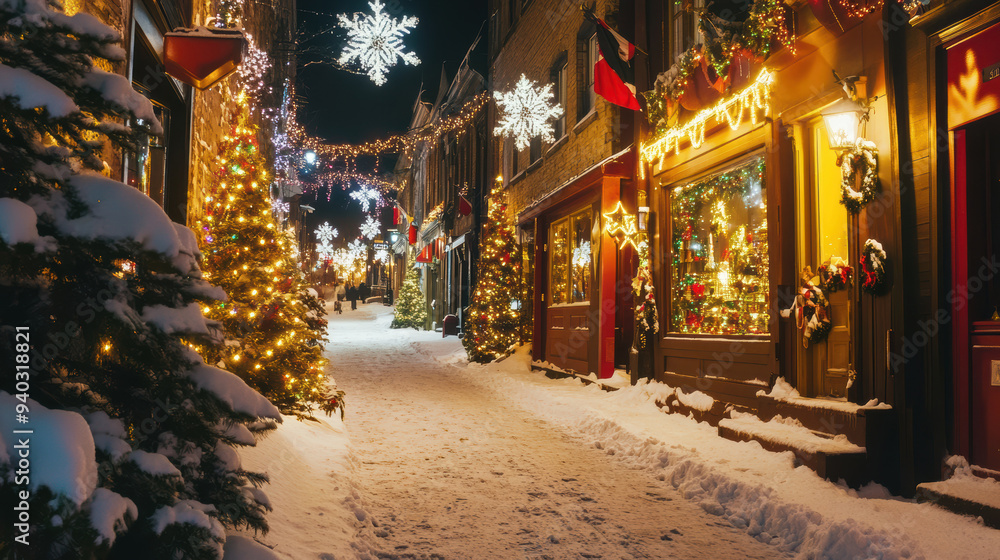 A snow-covered, festive street adorned with Christmas lights and decorations, showcasing a charming holiday ambiance. A snow-covered, festive street adorned with Christmas lights and decorations, showcasing a charming holiday ambiance.
