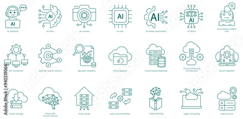 AI and Cloud Computing Vector Icons Set: Assistant, Brain, Camera, Chip, Driven Automation, Ethics, Powered Chatbot, API Connection, Artificial Neural Network, Big Data Analytics vector icon set