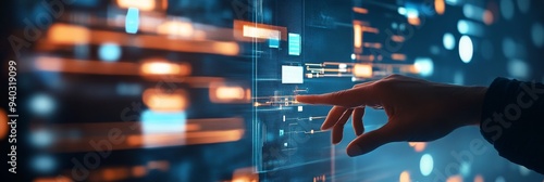 A hand reaches out to interact with a digital display showcasing an ERP project plan with key milestones. The display is filled with data visualizations, highlighting progress, timelines, and importan photo