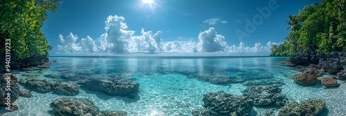 Stunning Tropical Lagoon in Nanuya Tuvalu with Crystal Clear Turquoise Waters and Lush Greenery photo