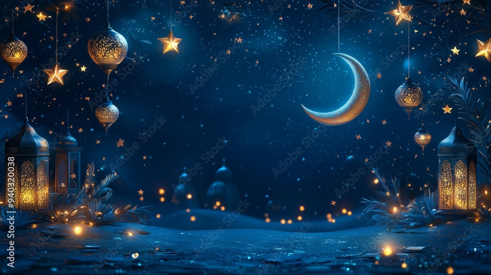 Golden crescent moons and lanterns illuminate a serene night landscape, symbolizing spiritual peace and cultural celebration. Golden crescent moons and lanterns illuminate a serene night landscape, symbolizing spiritual peace and cultural celebration.