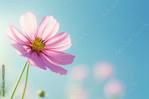 Closeup of pink Cosmos flower with blue sky under sunlight with copy space background natural green plants landscape, ecology wallpaper cover page concept, ai