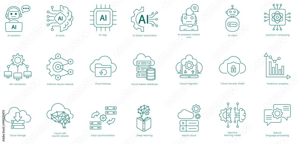 AI and Cloud Computing Solutions Vector Icons Set: Assistant, AI Brain, AI Chip, Driven Automation, Power Chatbot, AI Robot, Content Computing, API Connection, Artificial Neural Network vector icon AI and Cloud Computing Solutions Vector Icons Set: Assistant, AI Brain, AI Chip, Driven Automation, Power Chatbot, AI Robot, Content Computing, API Connection, Artificial Neural Network vector icon