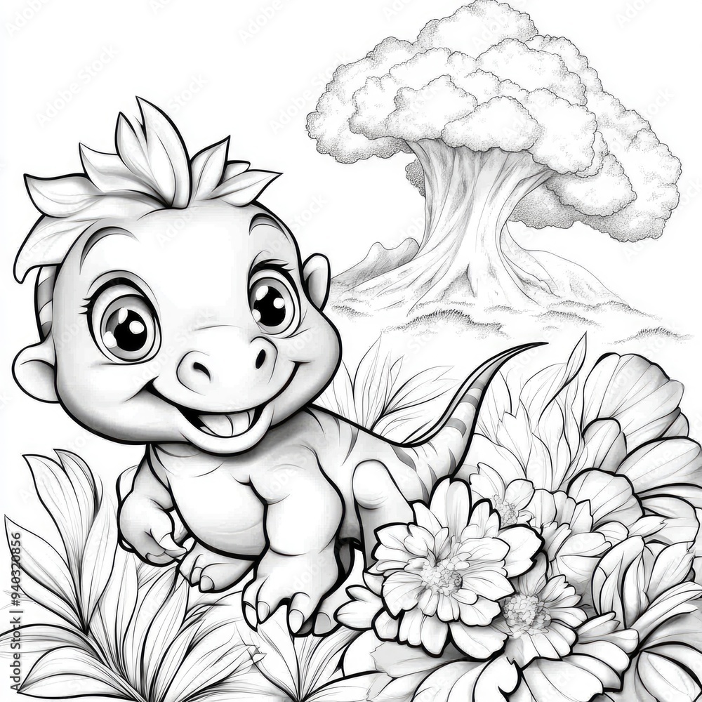 Cute Baby Dinosaur Coloring Page Stock Illustration | Adobe Stock