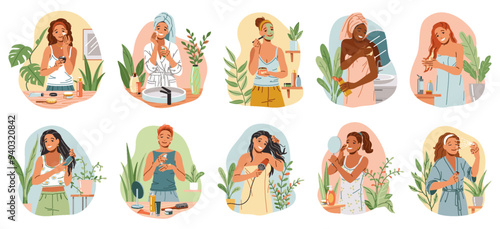 Young women taking time for self care at home flat color vector icon set. Pampering and spa treatment procedures after shower illustration pack on white