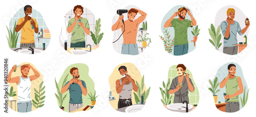 Handsome young men doing beauty procedures flat color vector icon set. Male beauty care routine after shower illustration pack on white background