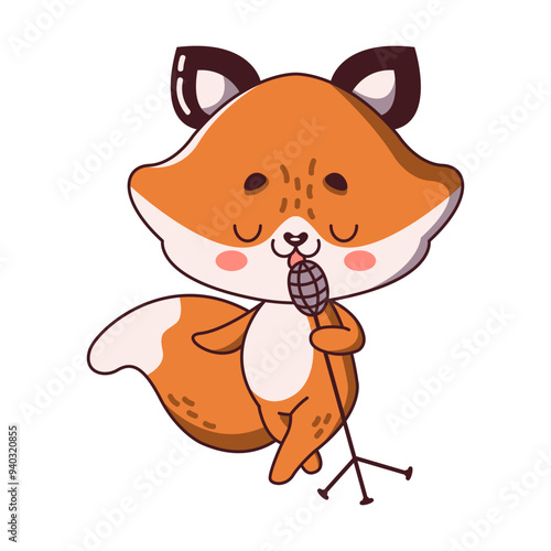 Kawaii fox singing in microphone flat color vector illustration. Children musical school. Cute wild animal performing song icon on white background