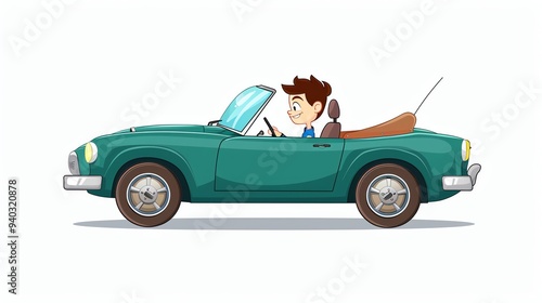 A cartoon boy is driving a green convertible. photo