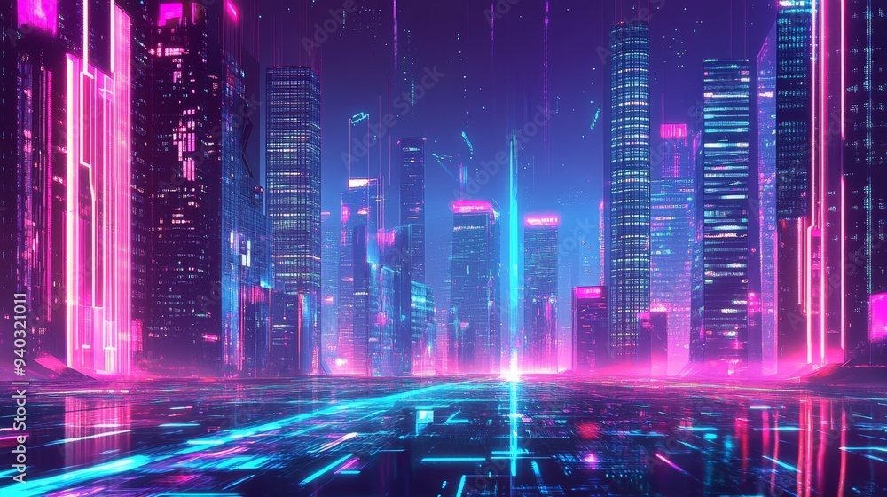 A mesmerizing cityscape of towering skyscrapers with holographic displays, radiating vibrant neon lights, showcasing a blend of technology and urban architecture. A mesmerizing cityscape of towering skyscrapers with holographic displays, radiating vibrant neon lights, showcasing a blend of technology and urban architecture.