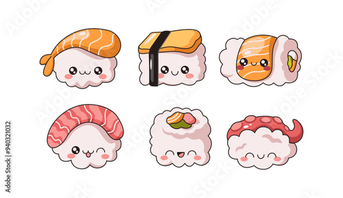 Funny sushi rolls and sashimi flat color vector illustration set. Kawaii Japanese snacks with faces characters on white collection