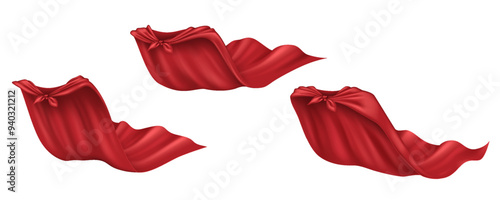 A set of superhero capes made from red fabric, shown in a way that looks real. These hero clothes look like 3D models and have a see-through background.