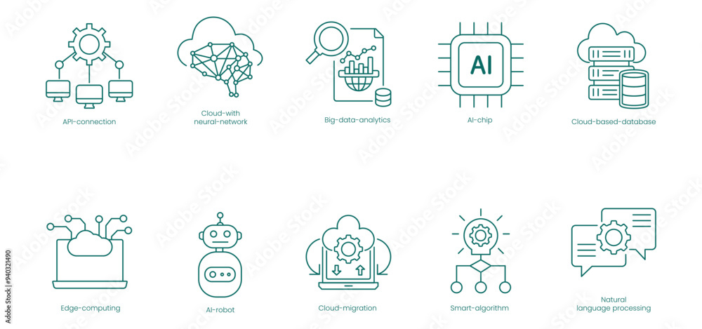 API and Cloud Solutions Vector Icons Set: Connection, Cloud with Neural Network, Big Data Analytics, AI Chip, Cloud-Based Database, Edge Computing, AI Robot, Cloud Migration vector icon set API and Cloud Solutions Vector Icons Set: Connection, Cloud with Neural Network, Big Data Analytics, AI Chip, Cloud-Based Database, Edge Computing, AI Robot, Cloud Migration vector icon set