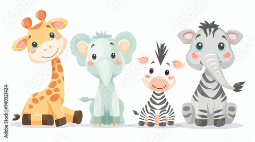 A set of four cute cartoon animals: a giraffe, two elephants, and a zebra.