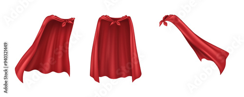Superhero cloaks of red textile realistic vector illustration set. Hero clothing accessories 3d models bundle on transparent background