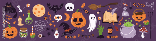 Halloween celebration characters and objects flat color vector icon set. Spooky holiday party illustration pack on purple background