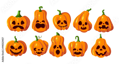 Evil Halloween pumpkins objects flat color vector icon set. Traditional spooky autumn holiday decor illustration pack on white background