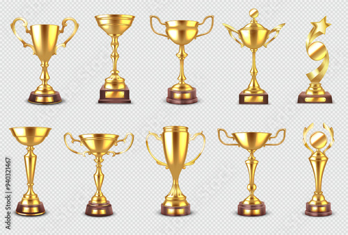 Winner golden cups realistic vector illustration set. Victory symbol. Champion trophy goblets reward 3d models on transparent background