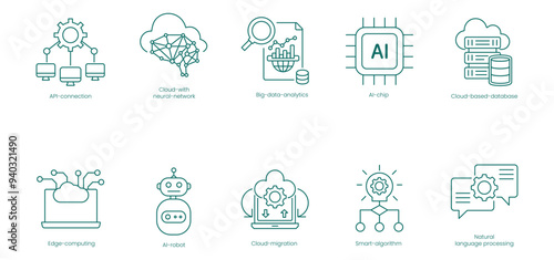 API and Cloud Solutions Vector Icons Set: Connection, Cloud with Neural Network, Big Data Analytics, AI Chip, Cloud-Based Database, Edge Computing, AI Robot, Cloud Migration vector icon set