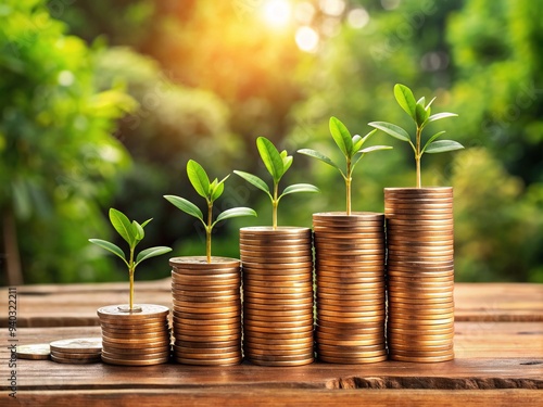 A stack of coins and growing plants on a wooden table symbolize the concept of compounding money and long-term wealth accumulation through smart investments. photo