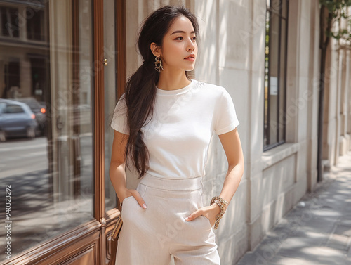 A woman in a white top and beige pants walks on a sidewalk. She is travel in Paris