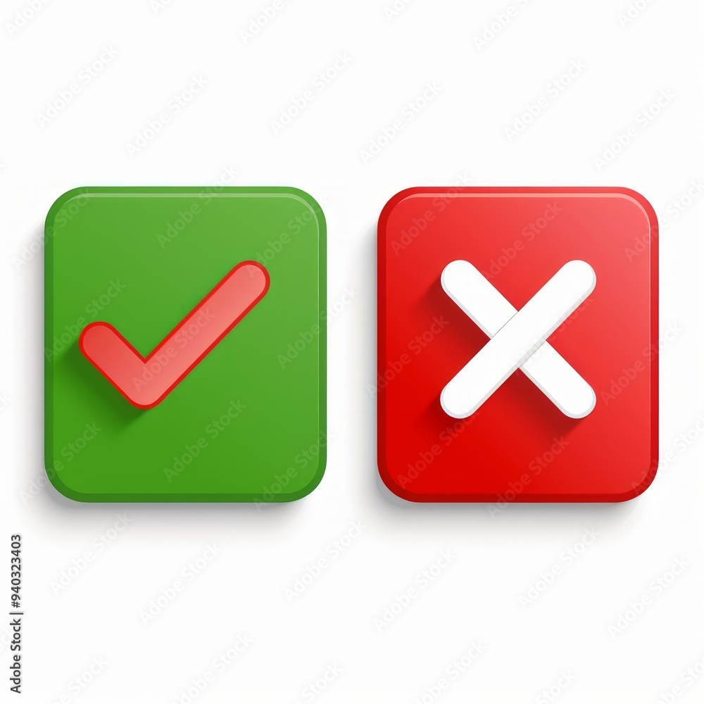 Yes and No or Right and Wrong or Approved and Declined Icons with Check Mark and X Signs in Green and Red Squares. Vector Image Yes and No or Right and Wrong or Approved and Declined Icons with Check Mark and X Signs in Green and Red Squares. Vector Image